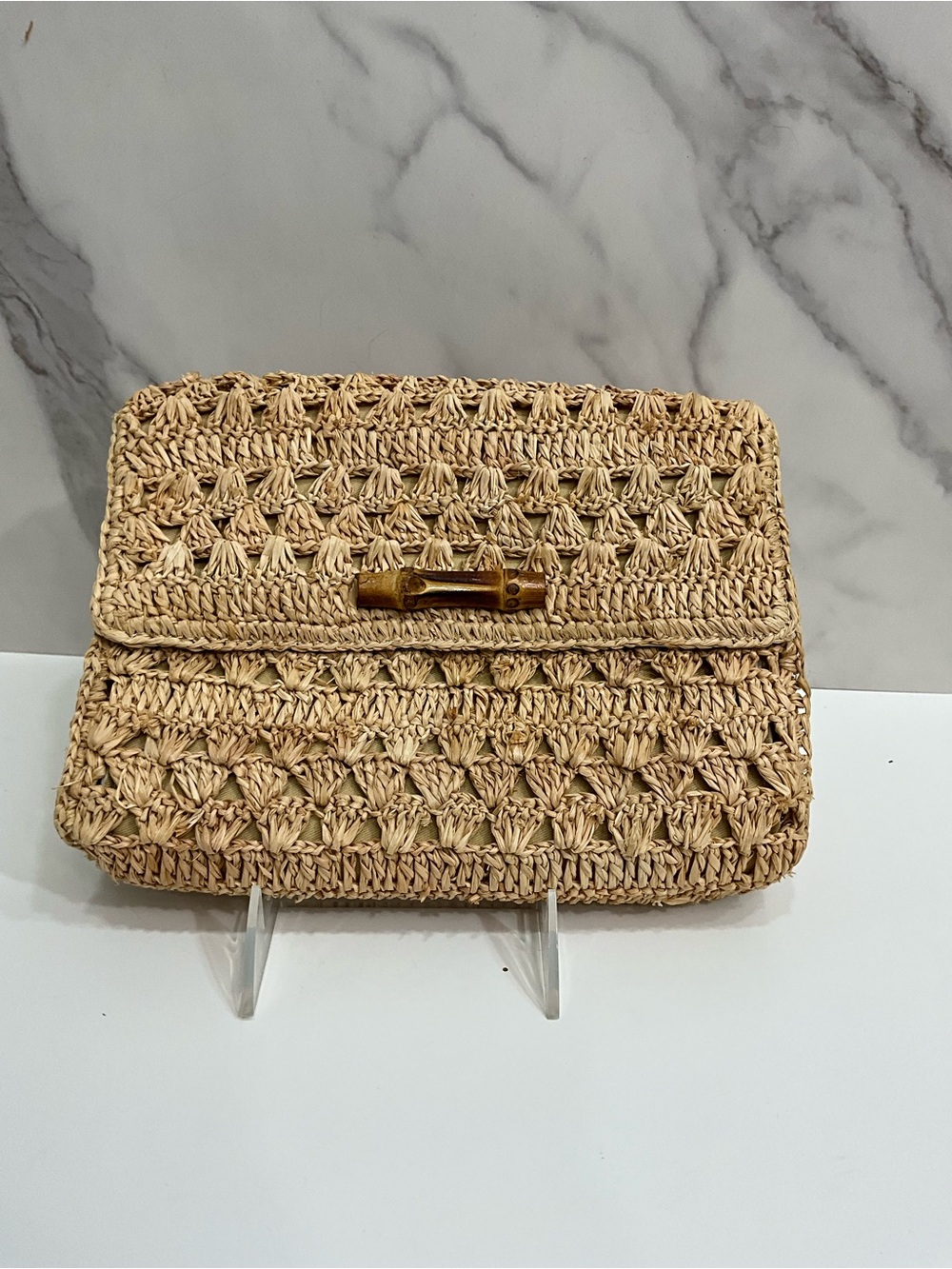 J. MCLAUGHLIN Raffia Woven Bamboo Clasp Clutch Resort Wedding Bag - Picture 2 of 8